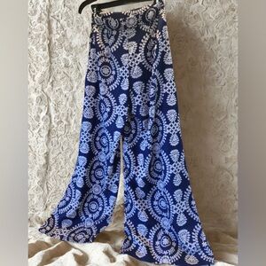 Wide-Leg Printed Palazzo Pants - Blue & and cream EUC size XS